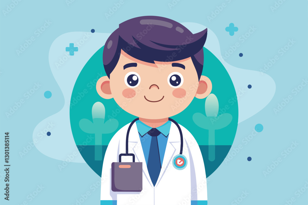 A friendly pediatrician stands smiling, ready to care for children in a colorful, inviting setting, Pediatrician Customizable Cartoon Illustration A friendly pediatrician stands smiling, ready to care for children in a colorful, inviting setting, Pediatrician Customizable Cartoon Illustration