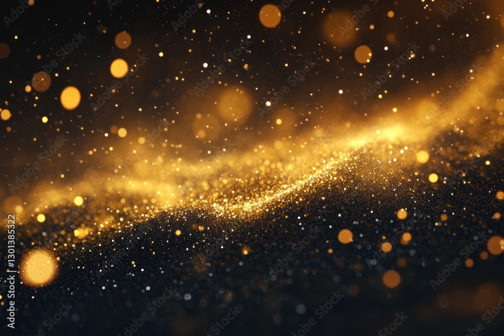 Obraz premium Golden glittering particles wave on black background.