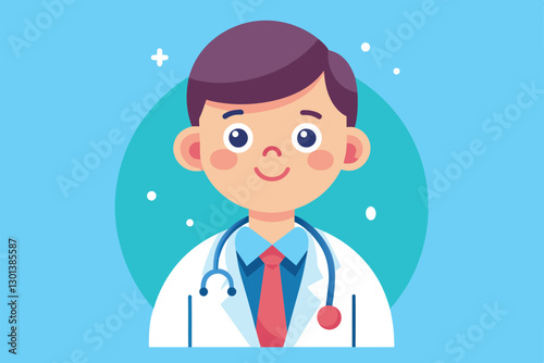 A friendly pediatrician character is shown wearing a white coat and stethoscope, smiling warmly, Pediatrician Customizable Disproportionate Illustration