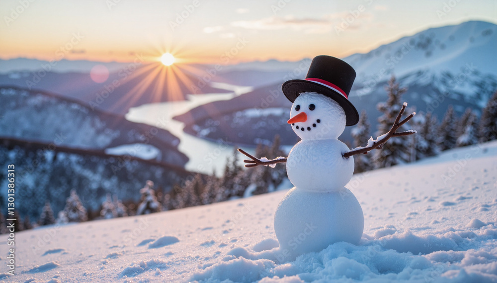Obraz premium Melting snowman in winter evening light on mountain slope, seasonal change