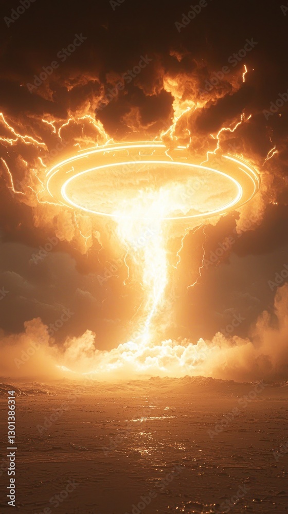 Fototapeta premium Apocalyptic Inferno: A fiery vortex descends from the heavens, illuminating a desolate landscape in an otherworldly spectacle.