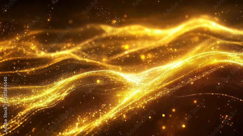 Abstract representation of flowing golden particles and wavy light Abstract representation of flowing golden particles and wavy light