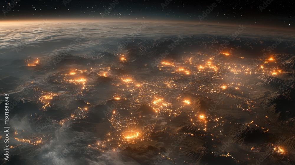 Fototapeta premium Night Lights of a Mountainous Planet: An Aerial View