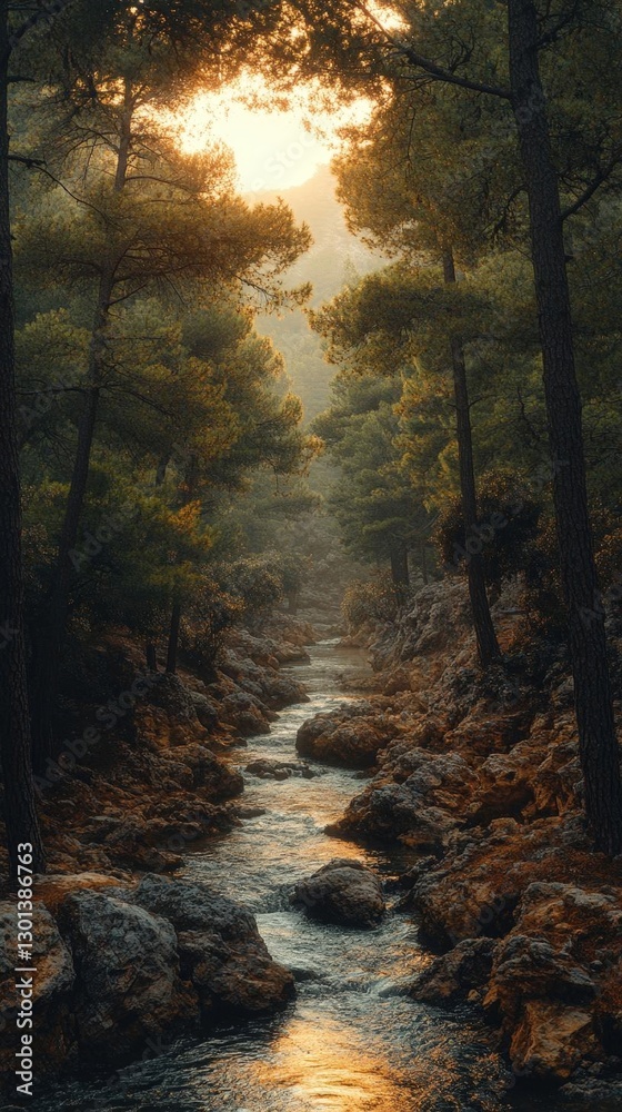 Fototapeta premium Forest Creek Path At Golden Hour