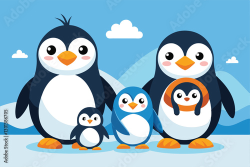 A delightful cartoon family of penguins stands together against a frosty backdrop with soft clouds, Penguin family Customizable Cartoon Illustration