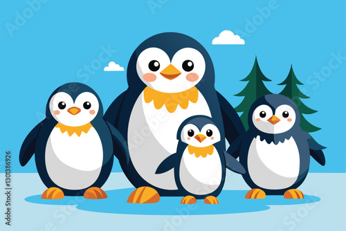 A playful penguin family enjoys a sunny day in a snowy landscape surrounded by trees and clouds, Penguin family Customizable Flat Illustration