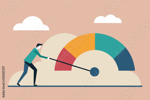 Business performance, man pushing gauge needle, effort measurement, productivity meter, goal achievement, performance indicator, colorful semicircle dial, minimalist illustration, pastel background,