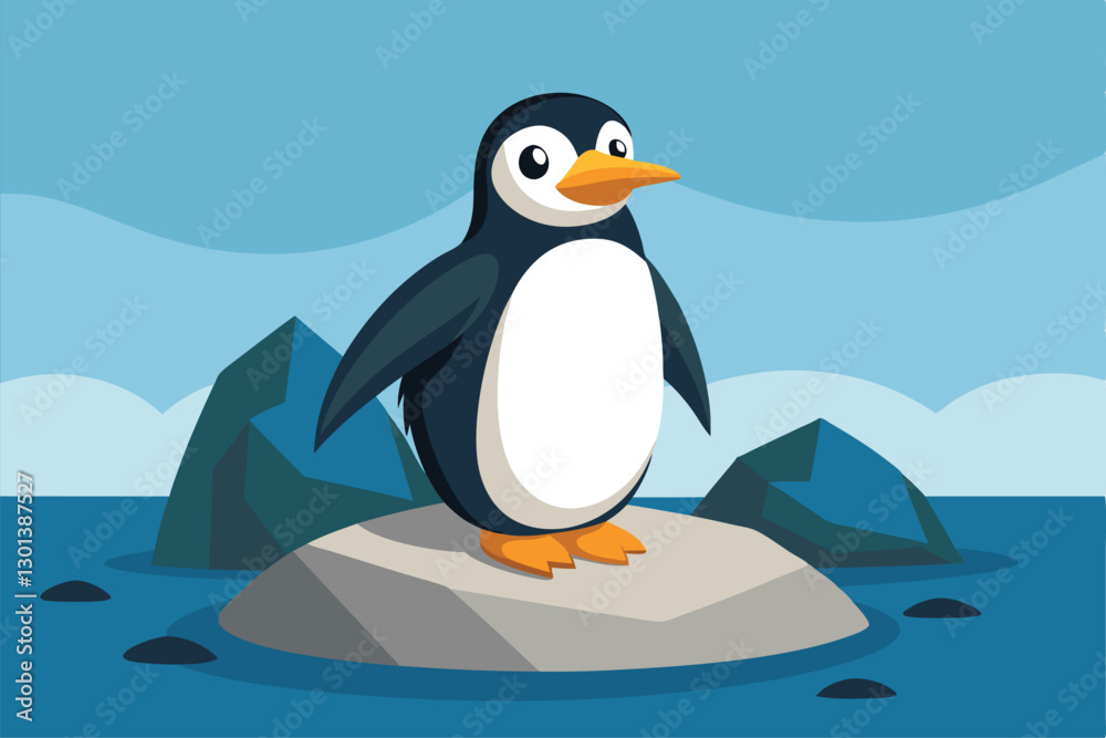 Fototapeta premium A penguin is perched on a rock, gazing into the peaceful ocean under a clear blue sky, Penguin on a rock