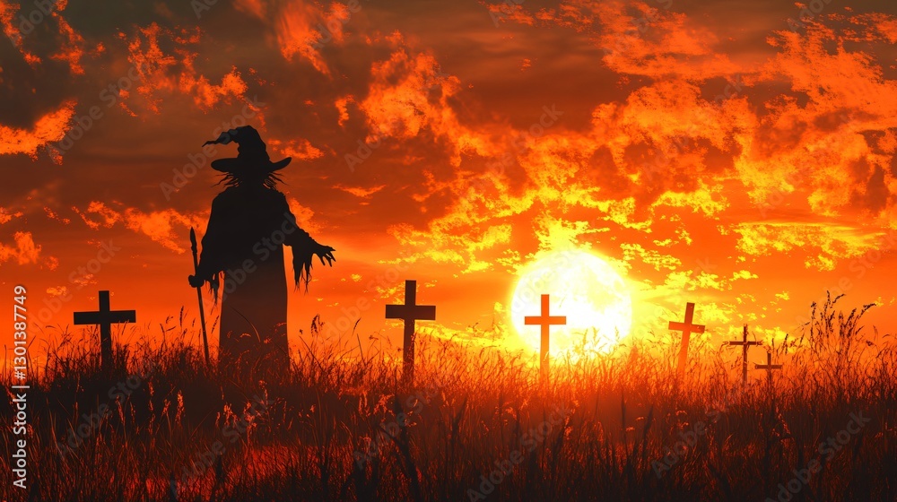 Fototapeta premium Mystical Halloween Wizard Silhouette with Crosses at Sunset for Spooky Design Projects