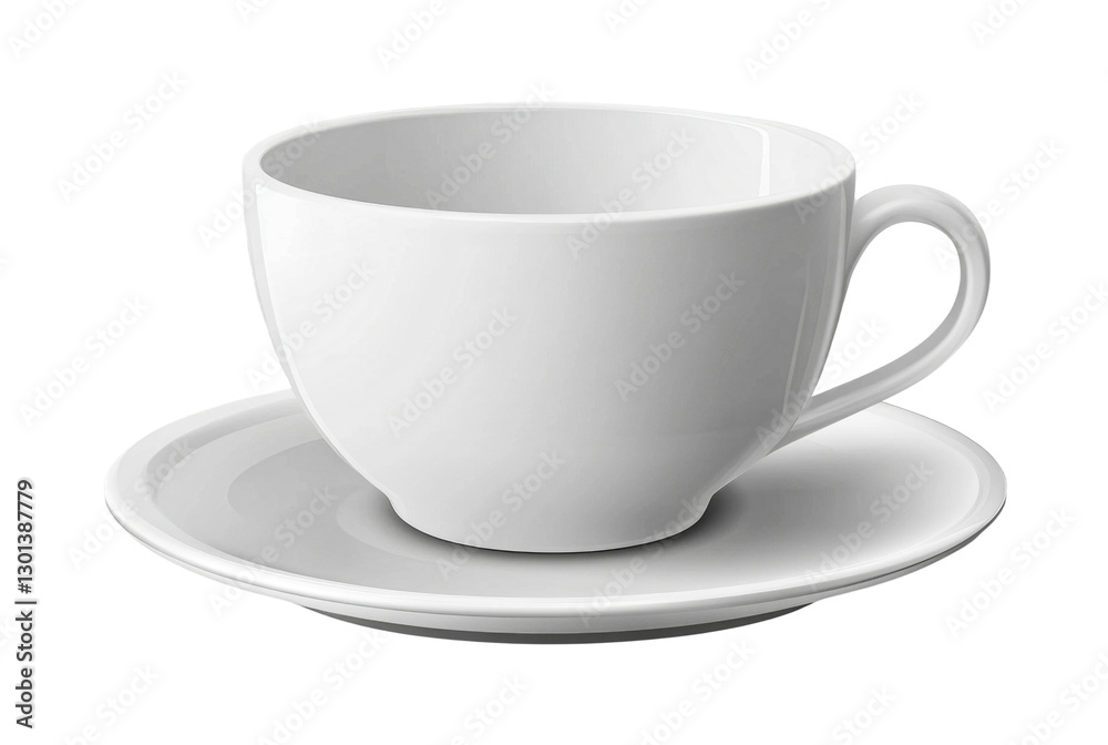 Elegant white cup and saucer for coffee or tea service on a minimalistic table setting showcasing simplicity and style, cut out