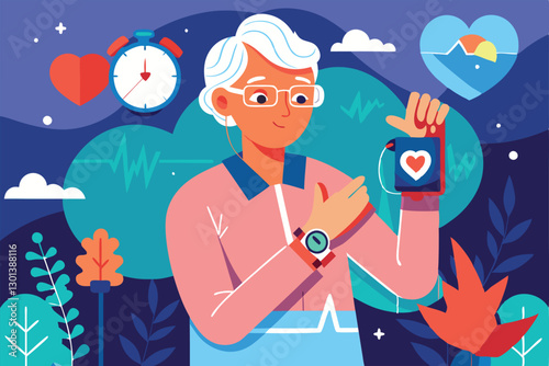 A pensioner monitors his pulse and heartbeat while surrounded by soothing natural elements, Pensioner checking his pulse, heartbeat,