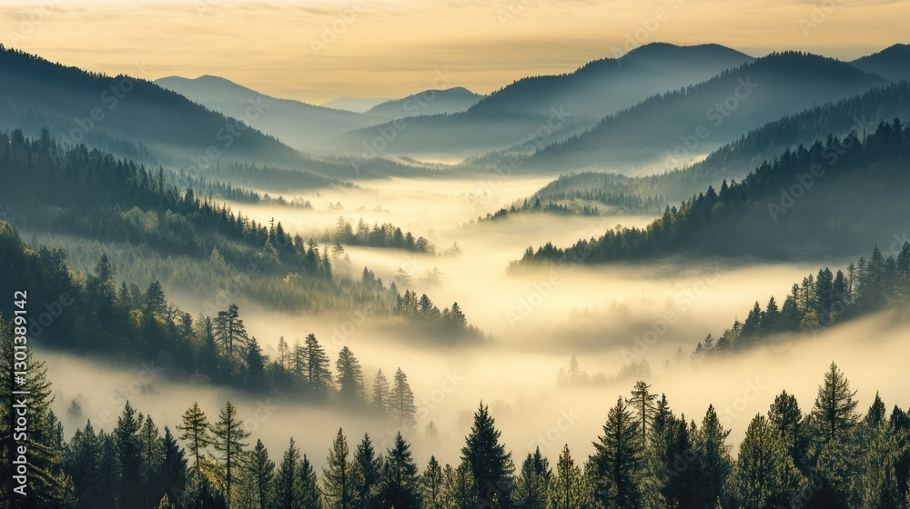 Obraz premium Mountains covered in morning mist and evergreen forests appear peaceful