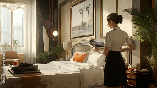 Professional hotel maid providing room service to guests in a luxurious setting
