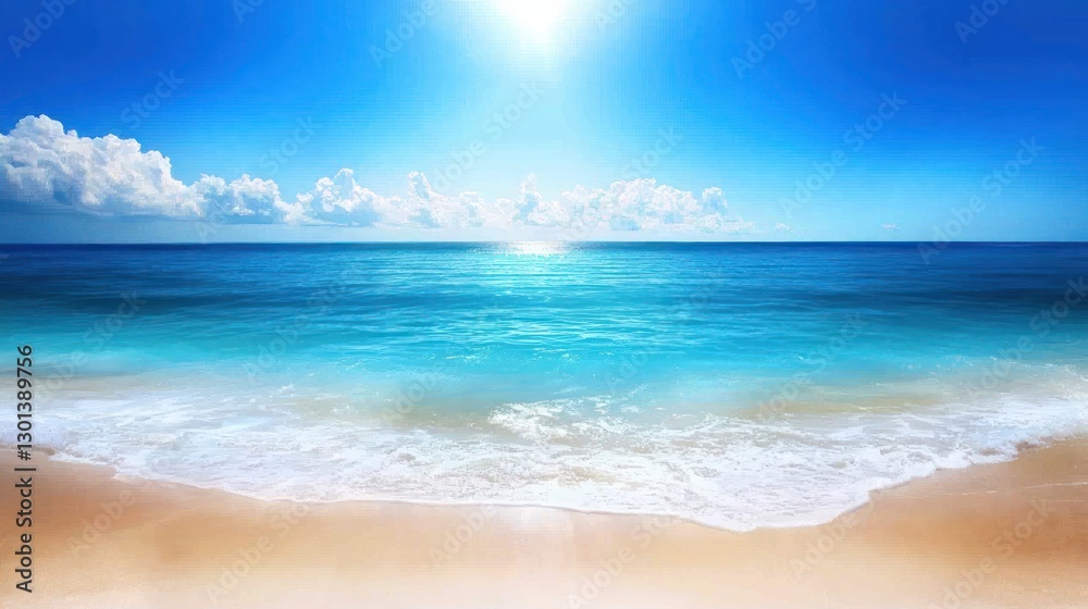 Obraz premium Tranquil Beach Paradise: Azure Ocean, Golden Sands, and Sunny Skies