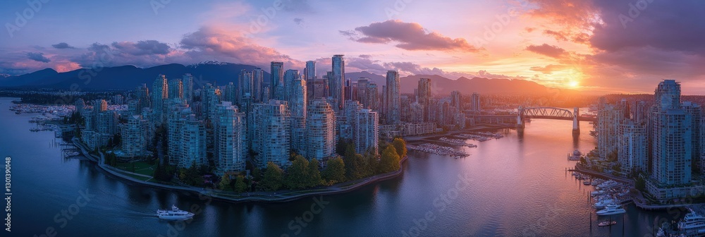 Fototapeta premium Aerial View of Downtown Vancouver: Sunset Over False Creek, British Columbia, Highlighting City Skyline, Bridges, and Boats