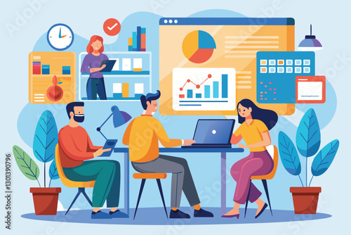 A group of individuals analyzes business data from their home office with charts and graphs on display, People analyzing business data from home trending