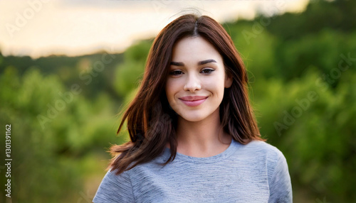 teenage girl with long brown hair outdoors in a t-shirt