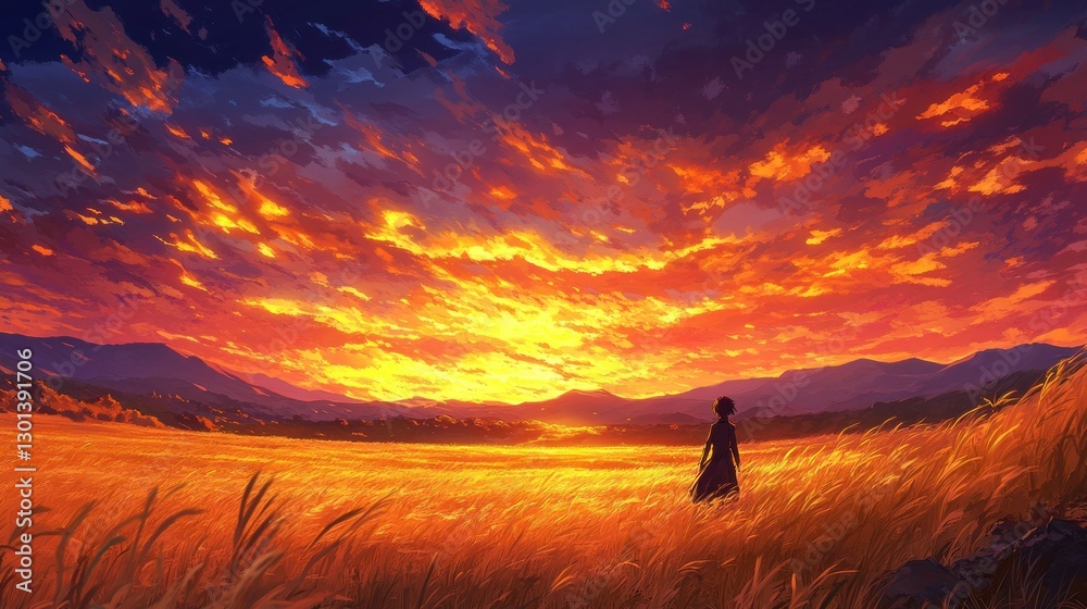 Fototapeta premium A solitary figure stands in a golden field during sunset