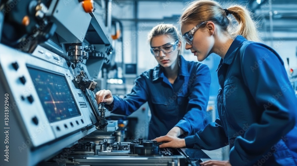 Female Trainee Collaborating With Engineer on CNC Machinery in a Modern Factory Environment Female Trainee Collaborating With Engineer on CNC Machinery in a Modern Factory Environment