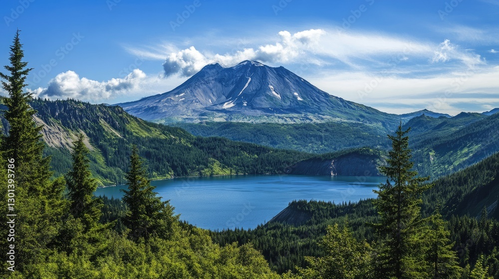 Scenic View of Mount St. Helens from Washington Road Surrounded by Lush Green Forests and a Serene Blue Lake Scenic View of Mount St. Helens from Washington Road Surrounded by Lush Green Forests and a Serene Blue Lake