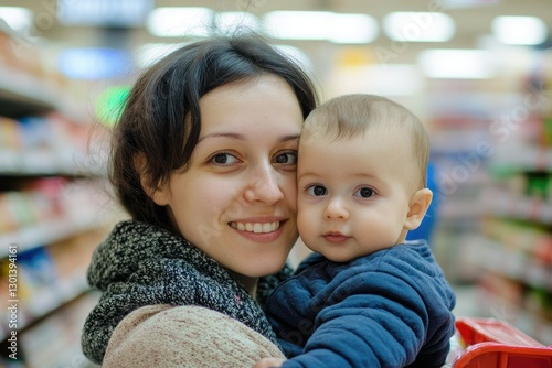 Joyful Family Shopping: Young Mother with Baby Boy in Front of a Supermarket