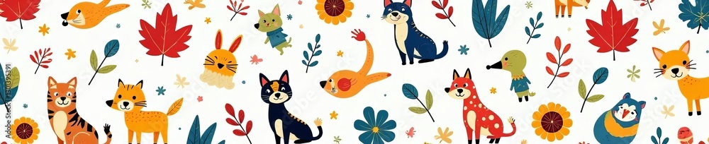 Fototapeta premium Whimsical doodle cartoon animals and objects in seamless pattern, seamless, fun, quirky