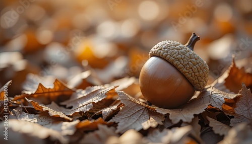 Acorn on Autumn Leaves Nature Background, Perfect for Fall or Nature-Inspired Digital Art photo