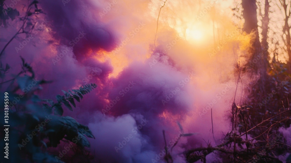 Obraz premium Beautiful purple smoke billowing through the trees in an outdoor forest setting