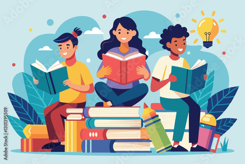 Three individuals are sitting on stacked books outdoors, deeply engaged in reading and learning, People are reading books, a source of knowledge, learning concept