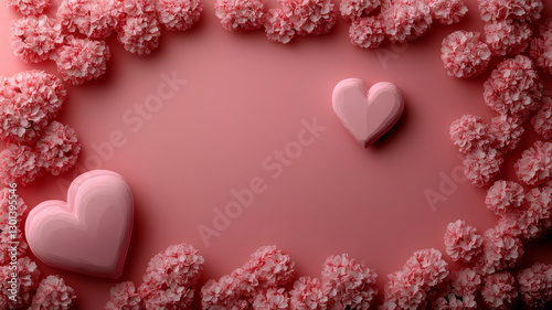 A pink background with two hearts and pink flowers