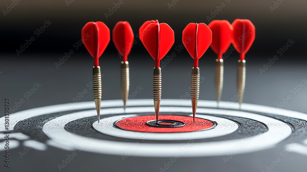 Fototapeta premium A dartboard with multiple darts around the bullseye but one perfectly centered, symbolizing the power of consistency and focus