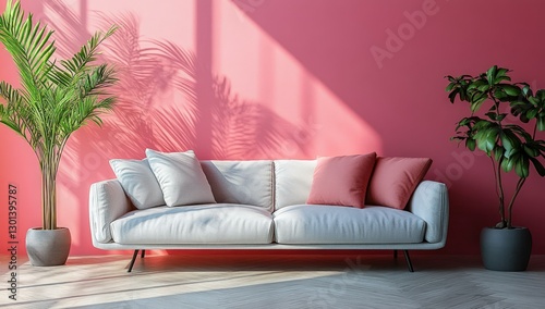 A white sofa with pink pillows in a living room with pink walls and potted plants.