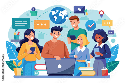 Students of various backgrounds collaborate with technology, sharing ideas and learning together enthusiastically, people are searching the internet