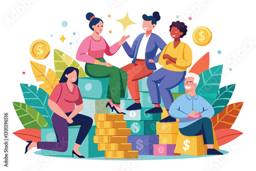 Five friends enjoying each other's company while sitting on a vibrant pile of money, sharing laughter and stories, People are sitting on a pile of money