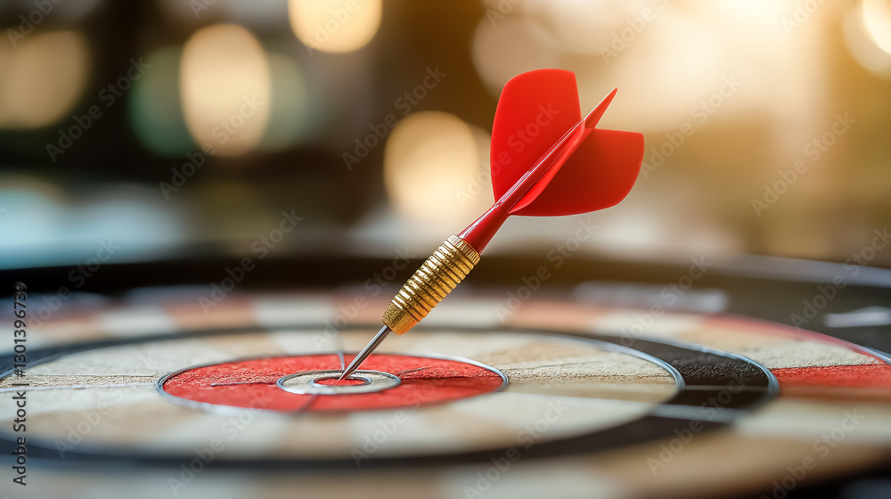 Obraz premium A red dart hitting the bullseye on a dartboard, symbolizing precision, success, and achieving goals with focus
