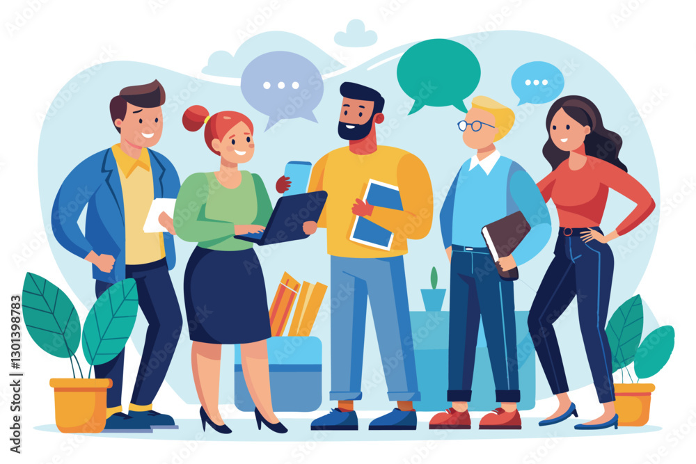 A group of five individuals interacts enthusiastically, sharing ideas and collaborating in a modern workspace, people are talking about rules A group of five individuals interacts enthusiastically, sharing ideas and collaborating in a modern workspace, people are talking about rules