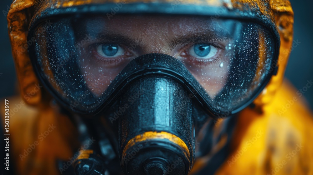Close-up of a high-tech oxygen mask with built-in air filtration sensors on a person. Concept of technology and the future Close-up of a high-tech oxygen mask with built-in air filtration sensors on a person. Concept of technology and the future