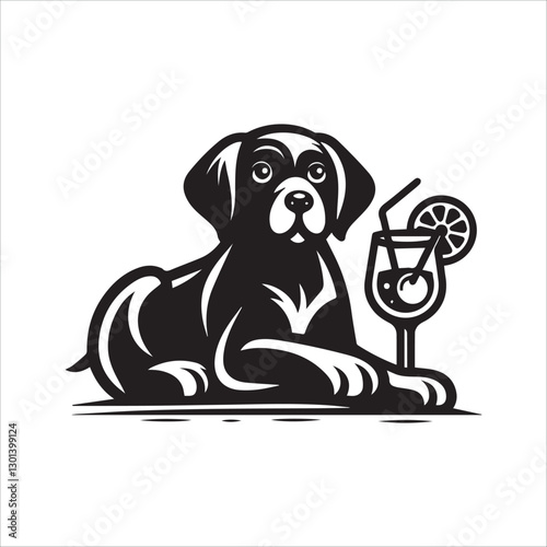 Boxer Dog Relaxing with a Drink. A stylized black and white illustration of a Boxer dog lounging and holding a glass of soda with a straw.