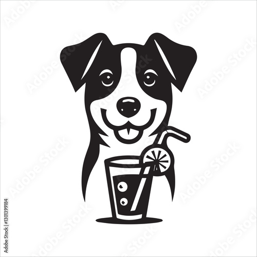 Boxer Dog Relaxing with a Drink. A stylized black and white illustration of a Boxer dog lounging and holding a glass of soda with a straw.