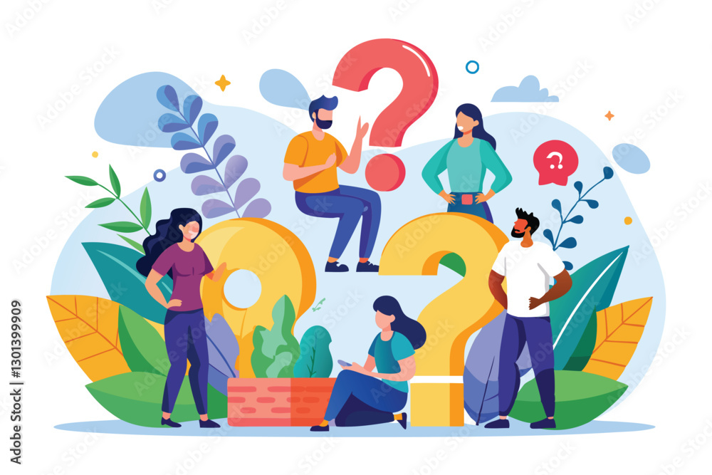 Obraz premium A group of people actively discussing and asking questions in a vibrant and friendly atmosphere, People asking questions, illustrated in a flat organic style