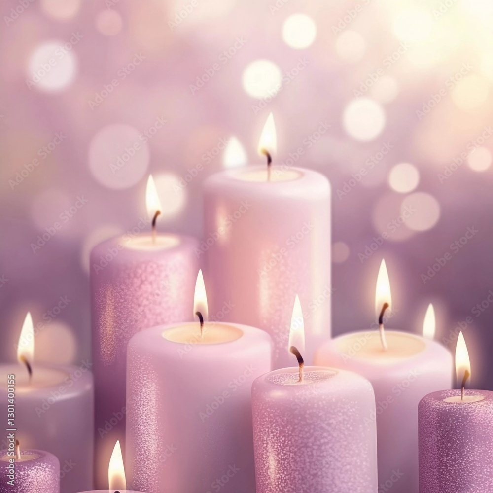 Soft glow of purple candles illuminating a serene atmosphere in a dimly lit setting Soft glow of purple candles illuminating a serene atmosphere in a dimly lit setting