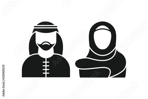A simple black icon representing a Muslim couple in hijab and traditional attire, reflecting Islamic culture and Middle Eastern community values.Web