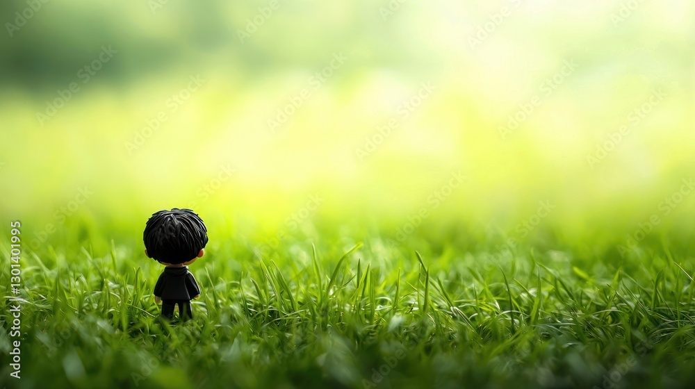 Miniature figure in grass field, contemplating nature, outdoor scene, peaceful moment, potential use in mindfulness, child development concepts Miniature figure in grass field, contemplating nature, outdoor scene, peaceful moment, potential use in mindfulness, child development concepts