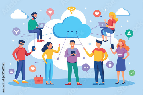 A diverse group of individuals engages with cloud technology while sharing ideas and devices, people back up cloud connections