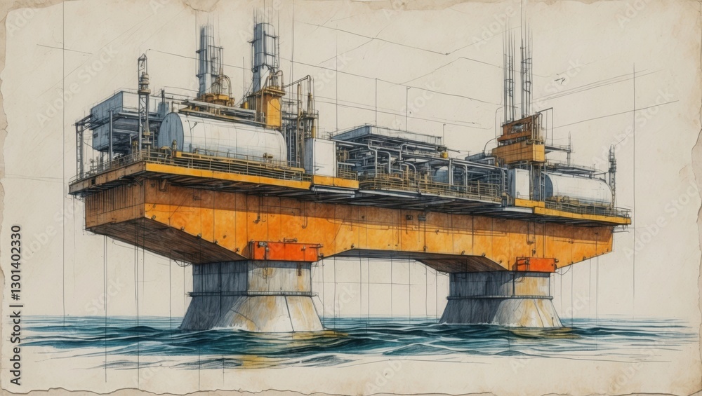 Fototapeta premium Offshore oil platform sketch illustration in blue ocean. Industrial structure with tanks and pipes. Orange metal construction on rough paper.