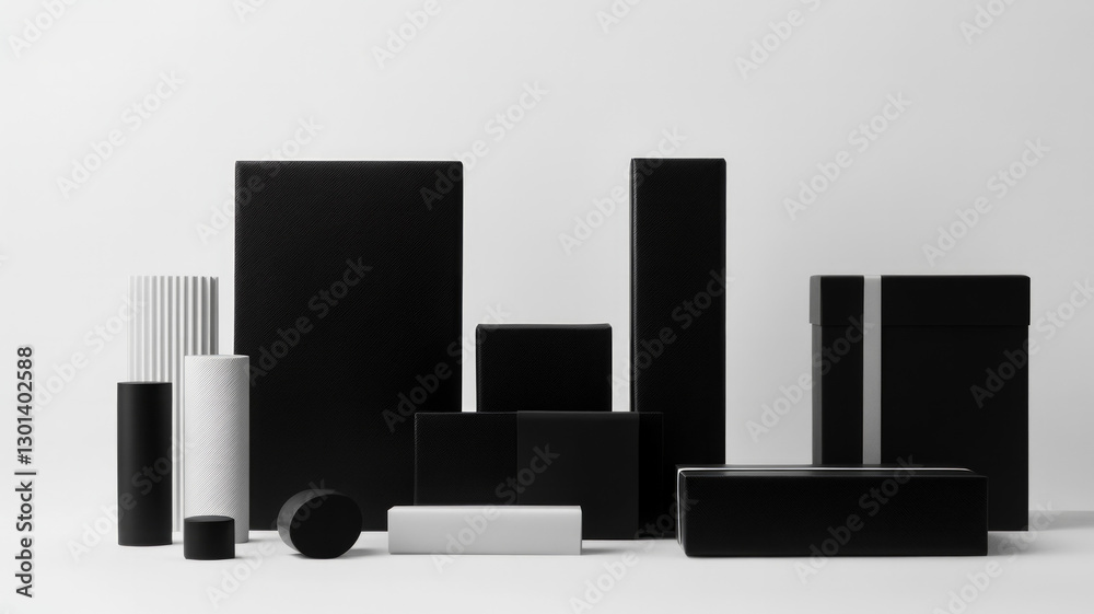 A collection of black and white boxes A collection of black and white boxes