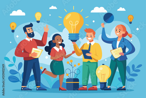 Group of individuals exchanging innovative ideas represented by light bulbs in a collaborative setting, people bring idea lights with learning concept