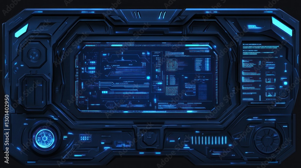 Futuristic digital display shows data and information in blue hues Futuristic digital display shows data and information in blue hues