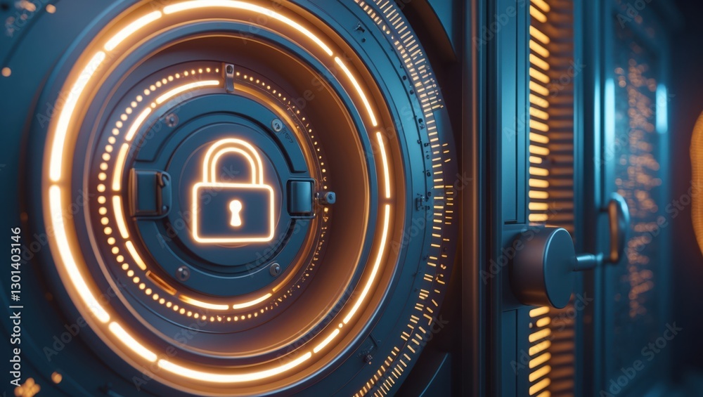 Fototapeta premium Glowing Lock on Metal Door, Dark Blue and Orange. Padlock symbol inside spinning round frame, abstract security system.