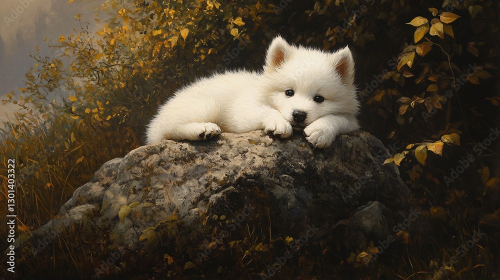 Fototapeta premium Adorable Samoyed Puppy Sitting on Rock in Lush Bush Environment